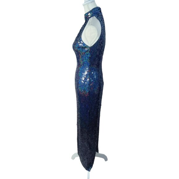 Adrianna Papell Evening Dress Navy Blue Iridescent Sequins Column Gown Size 2 - Picture 5 of 11